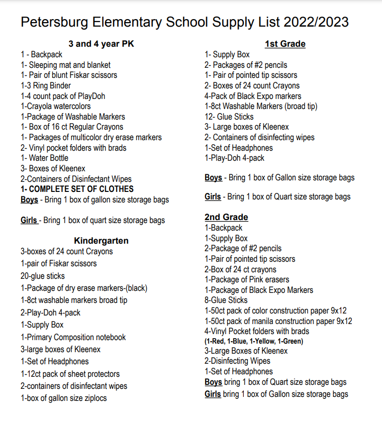 PES School Supply List PK-2nd