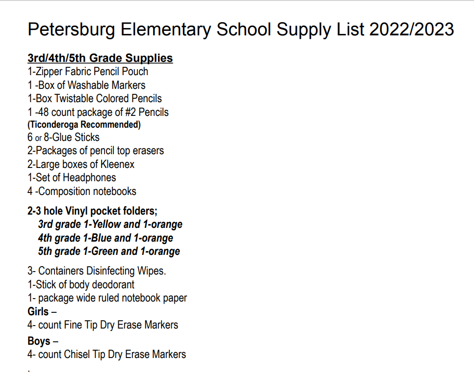 PES School Supply List 3rd-5th