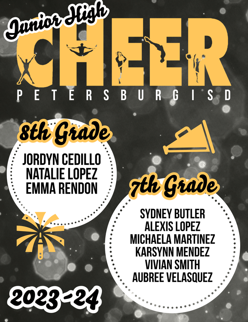 A list of students who made the 2023-24 Junior High Cheer Squad for Petersburg ISD. 