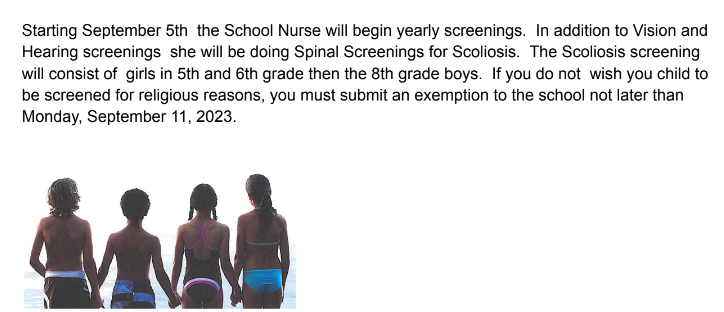 Note about school nurse yearly screenings.